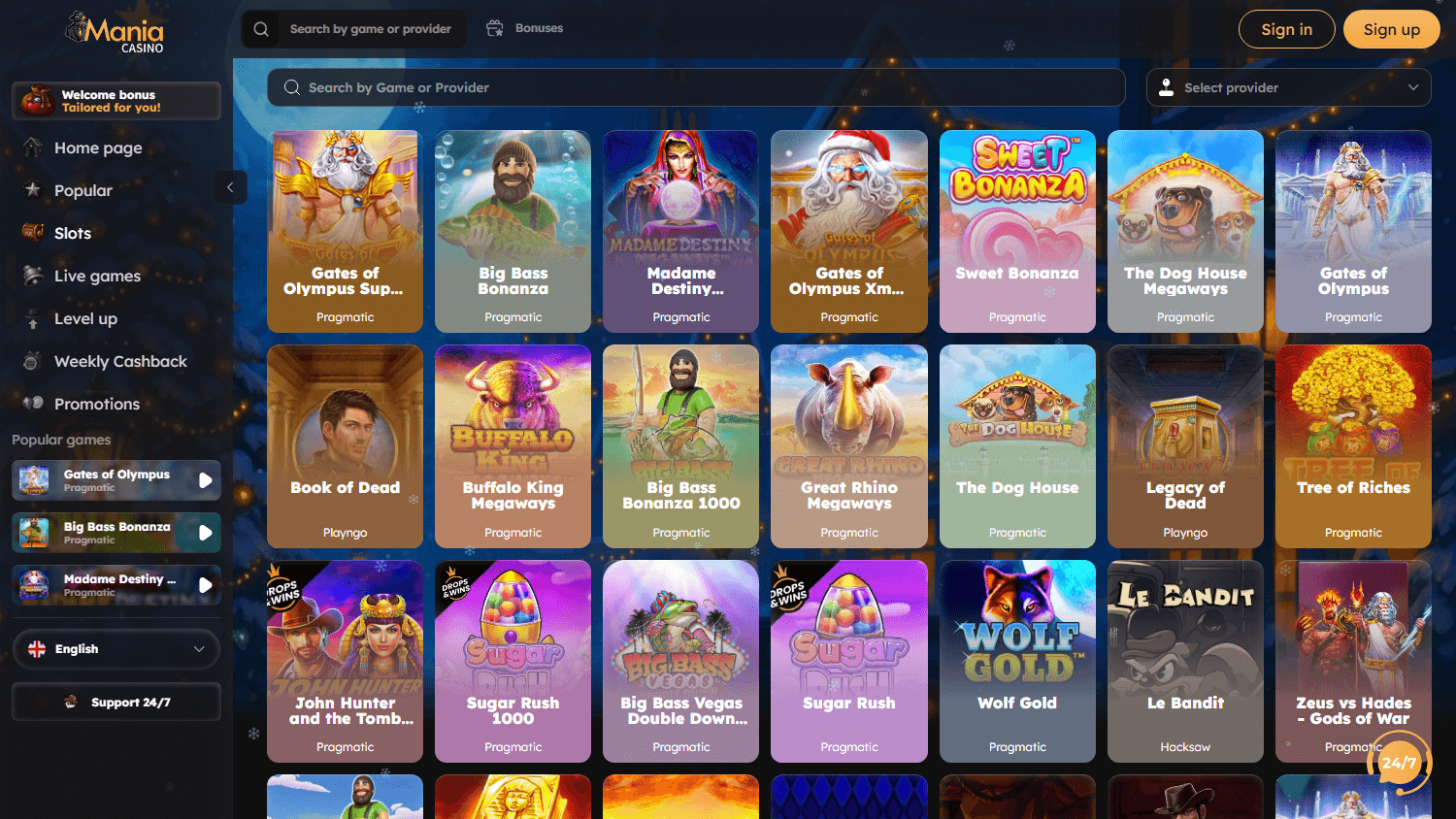 Lobby dei giochi CasinoMania